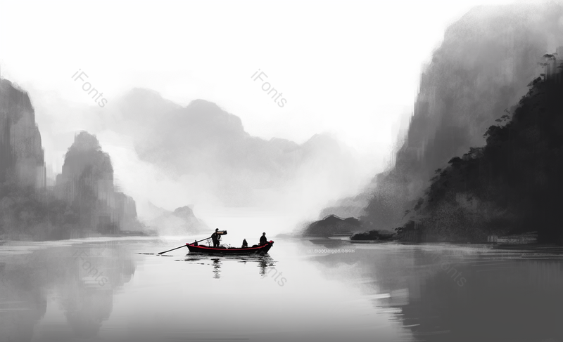 中国风国风新中式彩色水墨山水画平静的湖面小船客船上人划桨远处山峰云雾背景插画,插画/手绘图,插画/手绘图库,插画/手绘图下载,插画/手绘